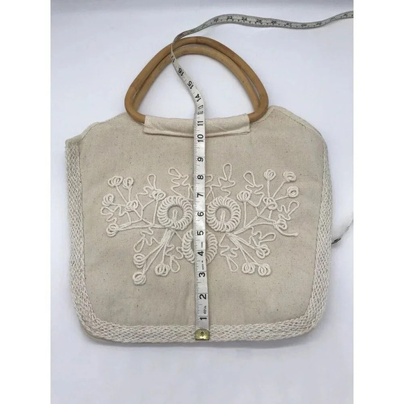 Handmade Canvas Clutch Purse‎ Embroidered Bamboo Handles Tote Bag Boho Cottage - Picture 11 of 14